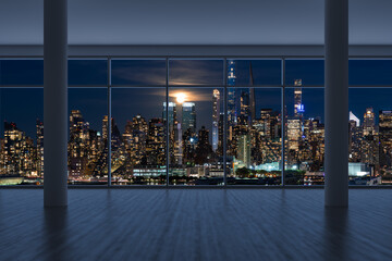Midtown New York City Manhattan Skyline Buildings from High Rise Window. Beautiful Expensive Real Estate. Empty room Interior Skyscrapers View Cityscape. Night time. west side. 3d rendering. © VideoFlow