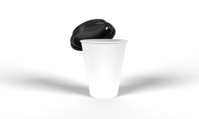 White disposable paper take-away cup with black lid coming off toward the Back, isolated on white. 3d render illustration for mockups.