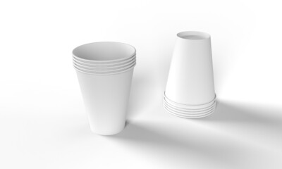 Stacked take away paper coffee drink cups right way up and up side down views isolated on white background. 3D render Illustration for mockup