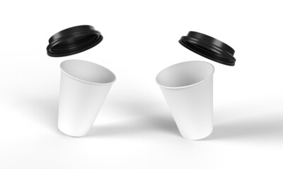 Blank white disposable paper cup with black plastic lid mock up isolated. Empty polystyrene coffee tea drinking mug mockup. 3D render illustration