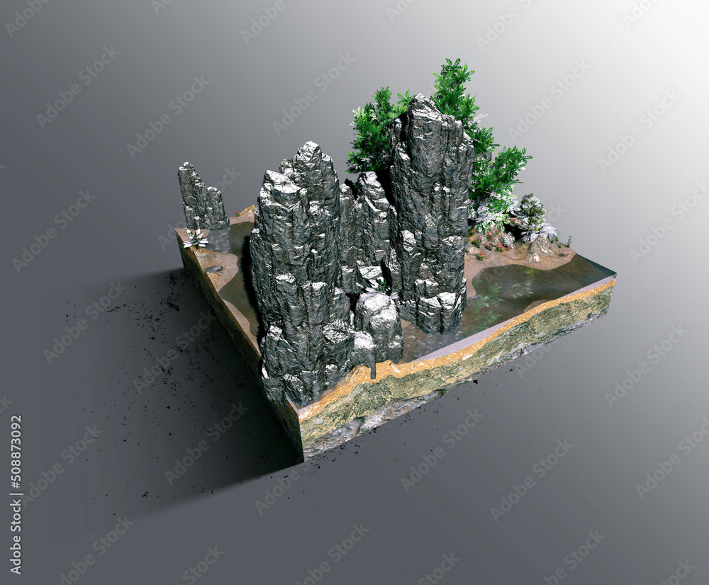 Poster red rock mountains with trees on floating land piece. 3d rendering of naturally greens with rocks.