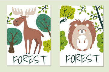 Forest animals card cover scrapbook print isolated set. Vector flat cartoon graphic design illustration