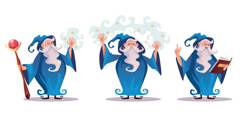 Fototapeta premium Wizard magician character isolated set. Vector flat cartoon graphic design illustration