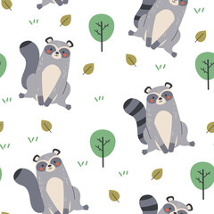Raccoon forest animal seamless wrapping cover pattern. Vector flat cartoon graphic design illustration