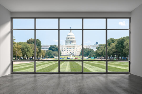 Empty room Interior View to Capitol Dome Cityscape Washington City Skyline Window background. Beautiful Real Estate. Day time. 3d rendering.