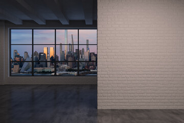 Midtown New York City Manhattan Skyline Buildings from High Rise Window. Expensive Real Estate. Empty room Interior with Mockup wall. Skyscrapers View Cityscape. Sunset. West side. 3d rendering.