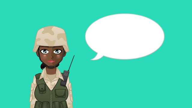 Cartoon animation of african american woman soldier avatar with talking bubbles. The bubbles are ready to be filled. Easy to edit looping animation.