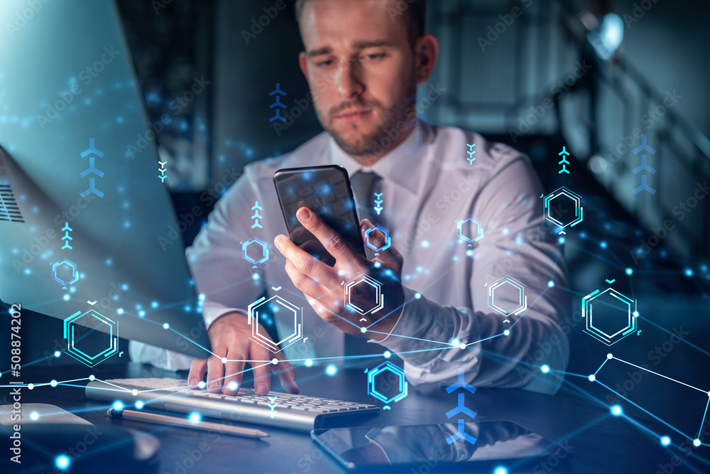 Poster businessman in casual wear using smart phone to optimize development by implying new technologies in