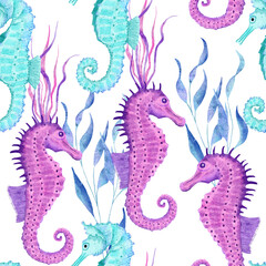 Watercolor hand drawn seamless pattern with underwater marine nautical animals shells fish. Purple blue seahorse seaweed jellyfish, ocean sea summer vacation beach background, turquoise fabric print.