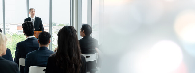 Group of business people meeting in a seminar conference widen view . Audience listening to...