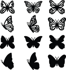 Fototapeta na wymiar Flying butterflies silhouette black with line butterflies set,for tatto,card.vector illustration