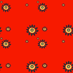 Bright ethnic pattern on a red background of stylized sunflowers. Endless pattern, vector, red, summer, eps 10.