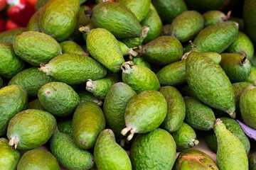Delicious feijoas in the traditional Colombian market - Acca sellowiana
