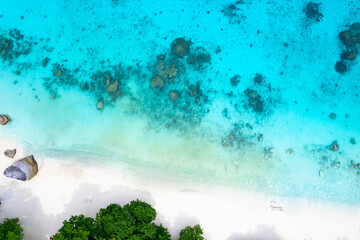 High angle view of the island, Andaman sea, beach and bed where the sea has blue water,