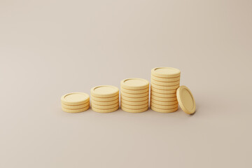 Coins money stack step growing growth saving money, Concept finance business investment. 3d rendering illustration