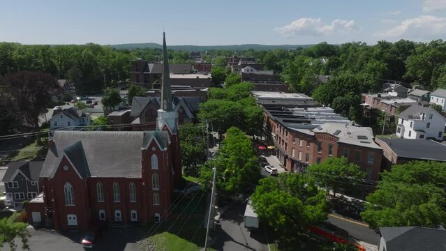 Flying Past Church Down Main Street In Beacon NY