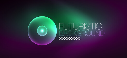Shiny neon geometric abstract background. Glowing lights on round shapes, triangles and circles. Wallpaper for concept of AI technology, blockchain, communication, 5G, science, business