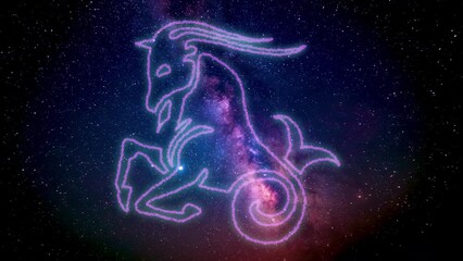 The zodiac sign Capricorn according to the horoscope is drawn using luminous lines in the cosmic starry sky of the galaxy. The zodiac sign is gradually drawn, imitating a pencil, and then shaded.