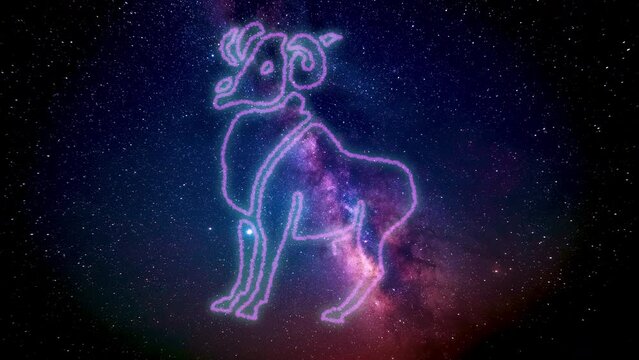 The zodiac sign Aries according to the horoscope is drawn using luminous lines in the cosmic starry sky of the galaxy. The zodiac sign is gradually drawn, imitating a pencil, and then shaded.