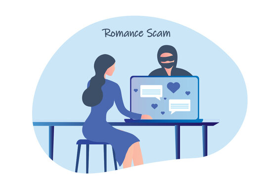 Romance Scam, Online Dating Scam, Cyber Crime Concept, Woman In Love With Scammer, Hacker Chatting Online Vector Illustration