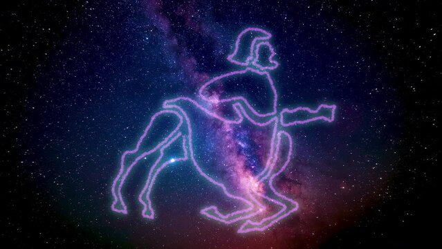 The zodiac sign Sagittarius according to the horoscope is drawn using luminous lines in the cosmic starry sky of the galaxy. The zodiac sign is gradually drawn, imitating a pencil, and then shaded.