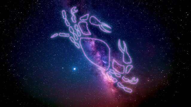 The zodiac sign of Cancer according to the horoscope is drawn using luminous lines on the cosmic starry sky of the galaxy. The zodiac sign is gradually drawn, imitating a pencil, and then shaded.