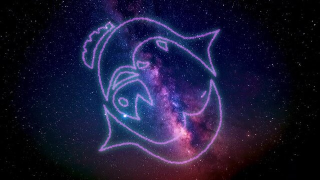 Pisces zodiac sign according to the horoscope is drawn using luminous lines on the cosmic starry sky of the galaxy. The zodiac sign is gradually drawn, imitating a pencil, and then shaded.