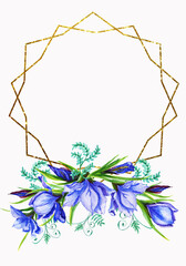 Watercolor frame gold bouquets of iris flowers ,
 the petals are blue viol flower, iris,
 textet shades with green stems.
Suitable for the design of greeting cards,
invitations,wedding and baby shower