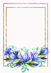 Watercolor frame gold bouquets of iris flowers ,
 the petals are blue viol flower, iris,
 textet shades with green stems.
Suitable for the design of greeting cards,
invitations,wedding and baby shower