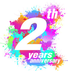 Logo design for 2th years anniversary. Colorful paint drops ink splashes, Icon, Symbol. Vector illustration.