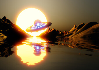 UFO flying saucer 3D graphic desgin desolate planet sunset illustration