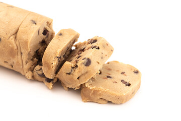 Tube of Raw Chocolate Chip Cookie Dough Isolated on a White Background