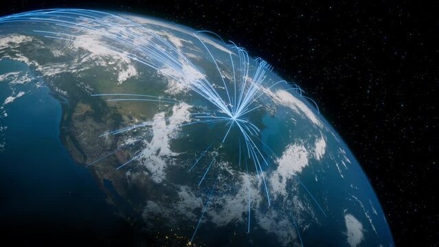Earth in Space. Blue Lines connect Toronto, Canada with Cities across the World. International Travel or Networking Concept.