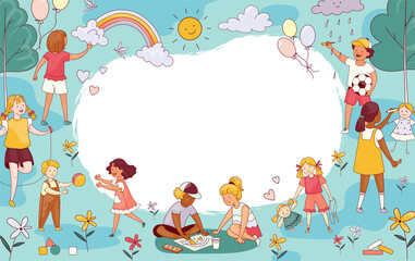 Kindergarten. Cute summer frame with funny children. Happy boys and girls playing outdoors on playground. Kids in park. Cartoon poster, hand drawn banner. Vector advertising background