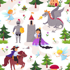 Medieval characters pattern. Cartoon print with fairytale prince and princess. Magician castle. Witch and dragon. Fantasy kingdom. Knight and enchantress. Vector seamless background