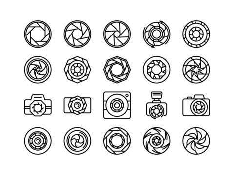 Shutter camera icons. Photo and photography objects like film, diaphragm, snap optics with different position of petals, outline shot silhouette and zoom focus. Abstract line vector symbols