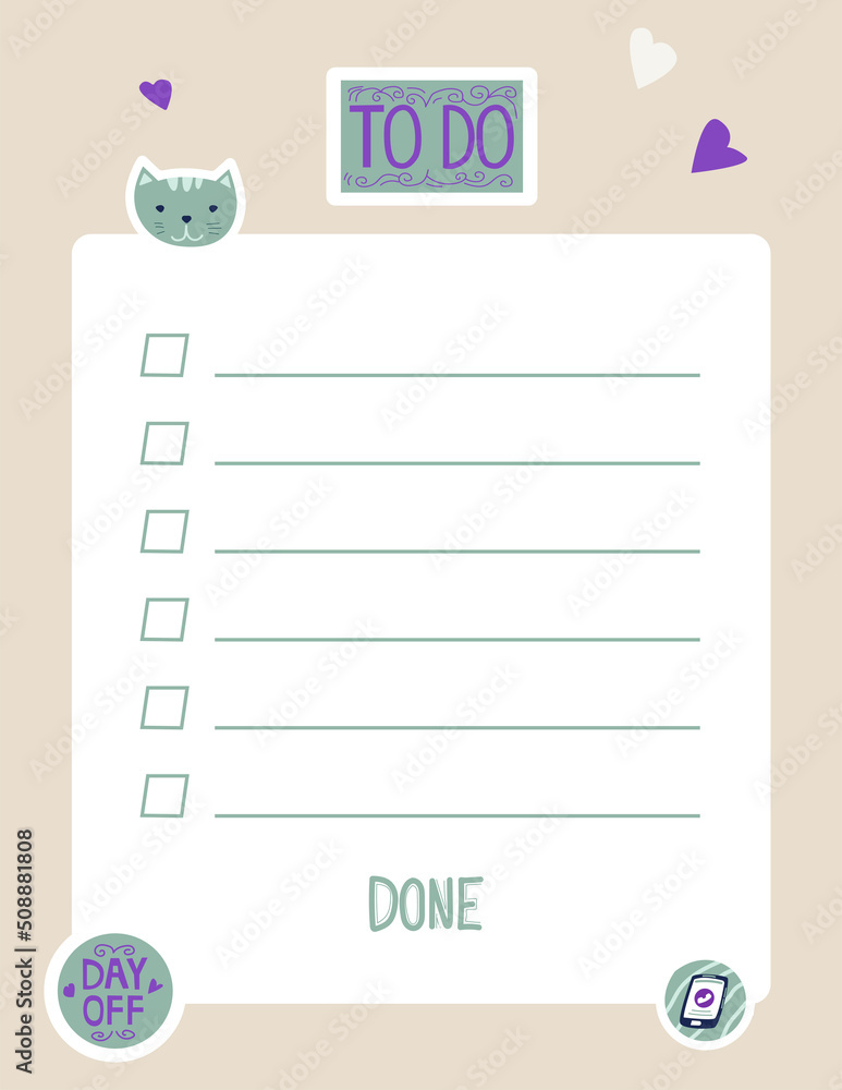 Poster planner sticker. to do list. blank checklist page design. cartoon diary and notebook sheet. journal 