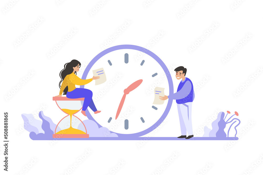 Aufkleber Planning schedule scene. Time management concept. Organizing to do list. Task priority and daytime routine. Man and woman effective work. Hourglass and watch. Vector goals organization