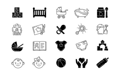 Baby care icon. Symbols of pregnancy and maternity. Newborn boy and girl. Children toys. Bed or carriage. Doll and rattle. Line or silhouette signs. Loving family. Vector pictograms set