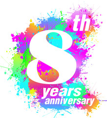 Logo design for 8th years anniversary. Colorful paint drops ink splashes, Icon, Symbol. Vector illustration.