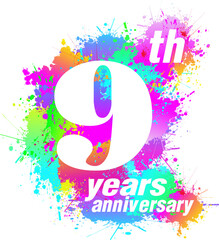 Logo design for 9th years anniversary. Colorful paint drops ink splashes, Icon, Symbol. Vector illustration.