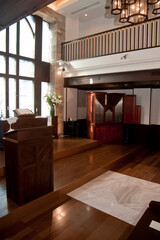 The solemn look of the modern interior of the chapel