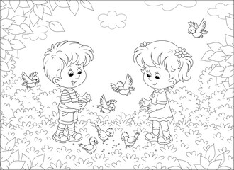 Happy little children feeding with corn a small flock of merry sparrows and titmice in a pretty summer park, black and white outline vector cartoon illustration for a coloring book page