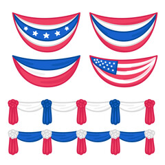 stage decoration with flag silk velvet Curtains or draperies in celebration of American Independence Day or memorial kawaii doodle flat vector illustration