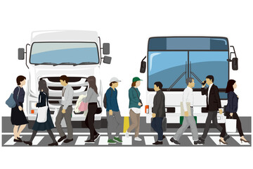 横断歩道を渡る人々とトラック、バス
