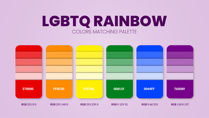 LGBTQ pride color palettes or color schemes are trend combinations and palette guides this year; table color shades in RGB or HEX. A color swatch for a queer rainbow fashion, home, or interior design - obrazy, fototapety, plakaty
