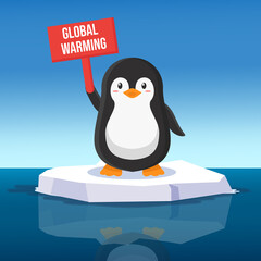 global warming illustration with a cute penguin holding global warming banner on the floating ice