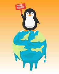 cute penguin holding global warming banner on melting earth