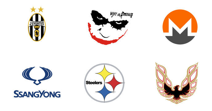 Monero logo,79 Trans Am logo, Joker logo, Pittsburgh Steelers logo, JUVENTUS logo, SSangYong logo, printed on white paper, editorial vector illustration.