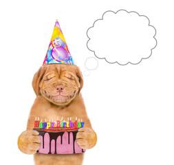 Dreaming smiling puppy with eye closed wearing a party cap makes a wish before blowing out the candles on birthday cake. isolated on white background